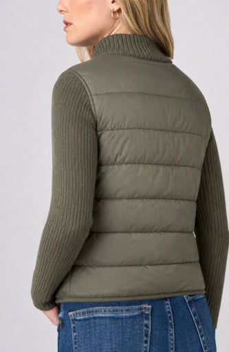 Long Sleeve Zip Front Quilted Sweater Jacket - heather olive