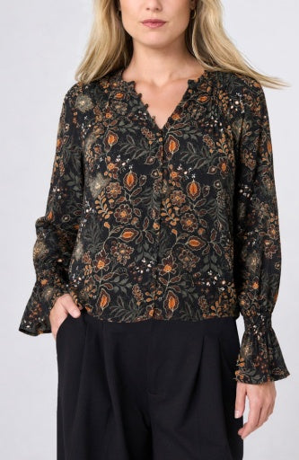 Long Sleeve Woven Blouse W Pintucks - blk/rust multi