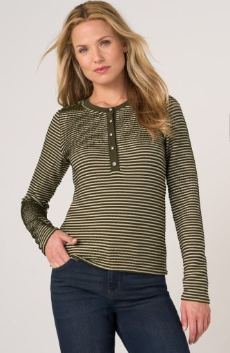 Long Sleeve Knit Henley Top W Sweater Trim - olive crm strpe