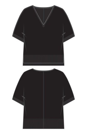 Short Sleeve Vneck Dolman Popover Sweater W Step Hem - black