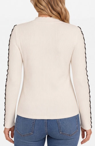 Mock Neck Long Sleeve Sweater - crm w/ black