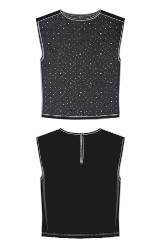 Sleeveless Embellished Knit to Woven Tee