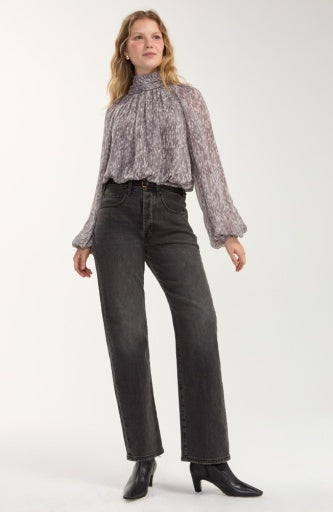 Long Sleeve Shirred Mockneck Woven Top