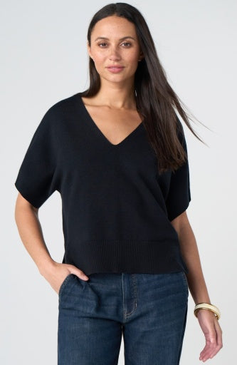 Short Sleeve Vneck Dolman Popover Sweater W Step Hem - black