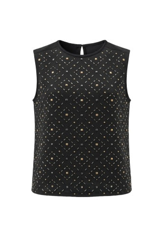 Sleeveless Embellished Knit to Woven Tee