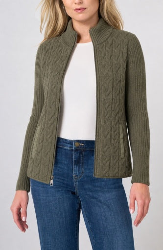 Long Sleeve Zip Front Quilted Sweater Jacket - heather olive