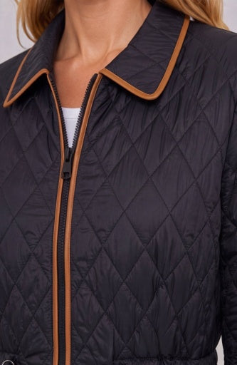 Zip Front Quilted Cost W/ Cinched Waist - black