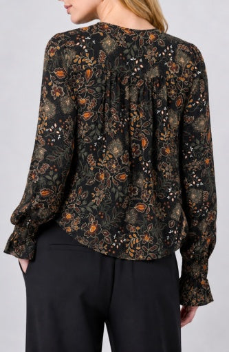 Long Sleeve Woven Blouse W Pintucks - blk/rust multi