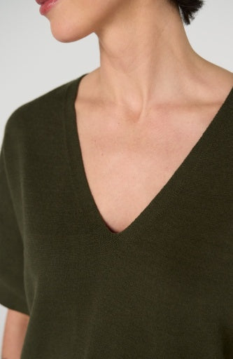 Short Sleeve Vneck Dolman Popover Sweater W Step Hem - hunter green