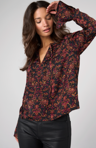 Long Sleeve Band Collar Woven Top with Pintuck Detail