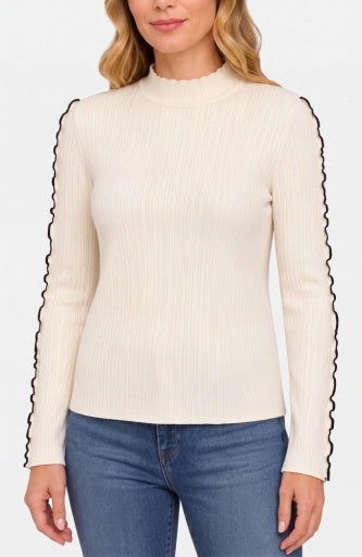 Mock Neck Long Sleeve Sweater - crm w/ black