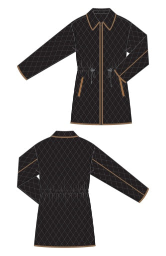 Zip Front Quilted Cost W/ Cinched Waist - black