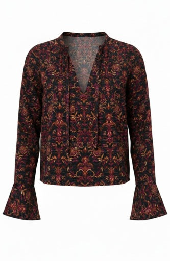 Long Sleeve Band Collar Woven Top with Pintuck Detail