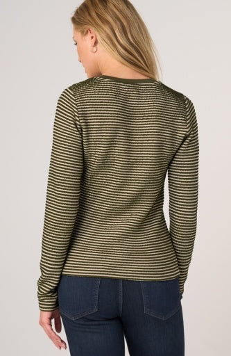 Long Sleeve Knit Henley Top W Sweater Trim - olive crm strpe