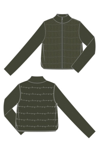 Long Sleeve Zip Front Quilted Sweater Jacket - heather olive