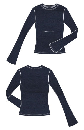 Long Flare Slv Crew Neck Knit Top - navy