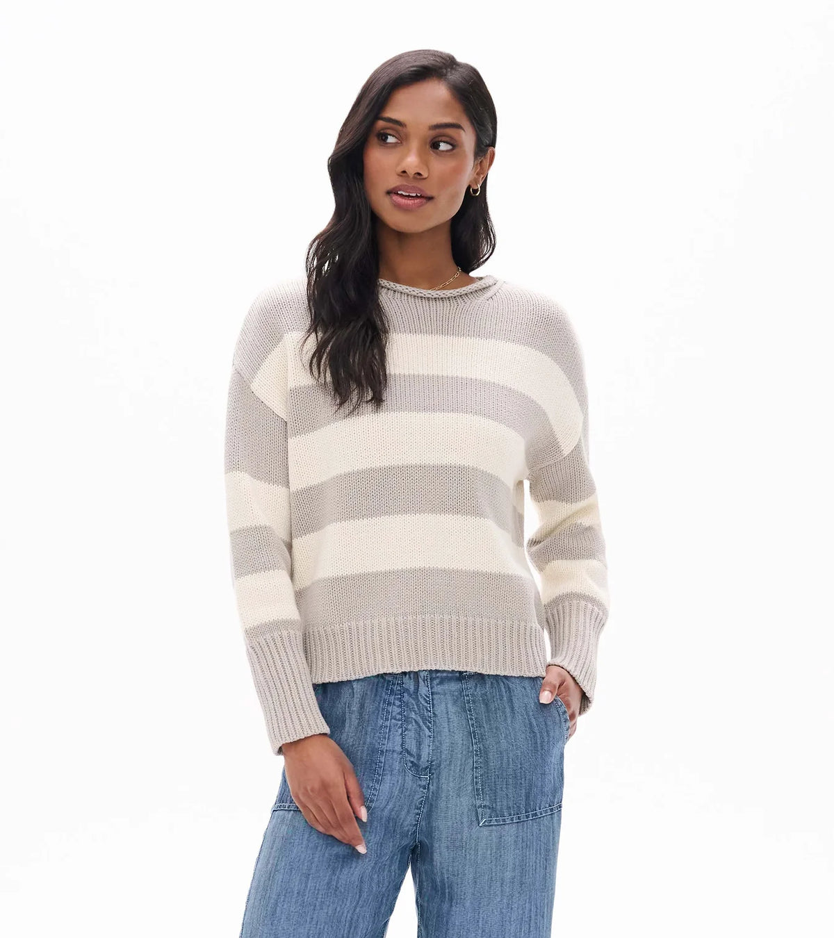 Rolled Collar Sweater - Stone Stripes