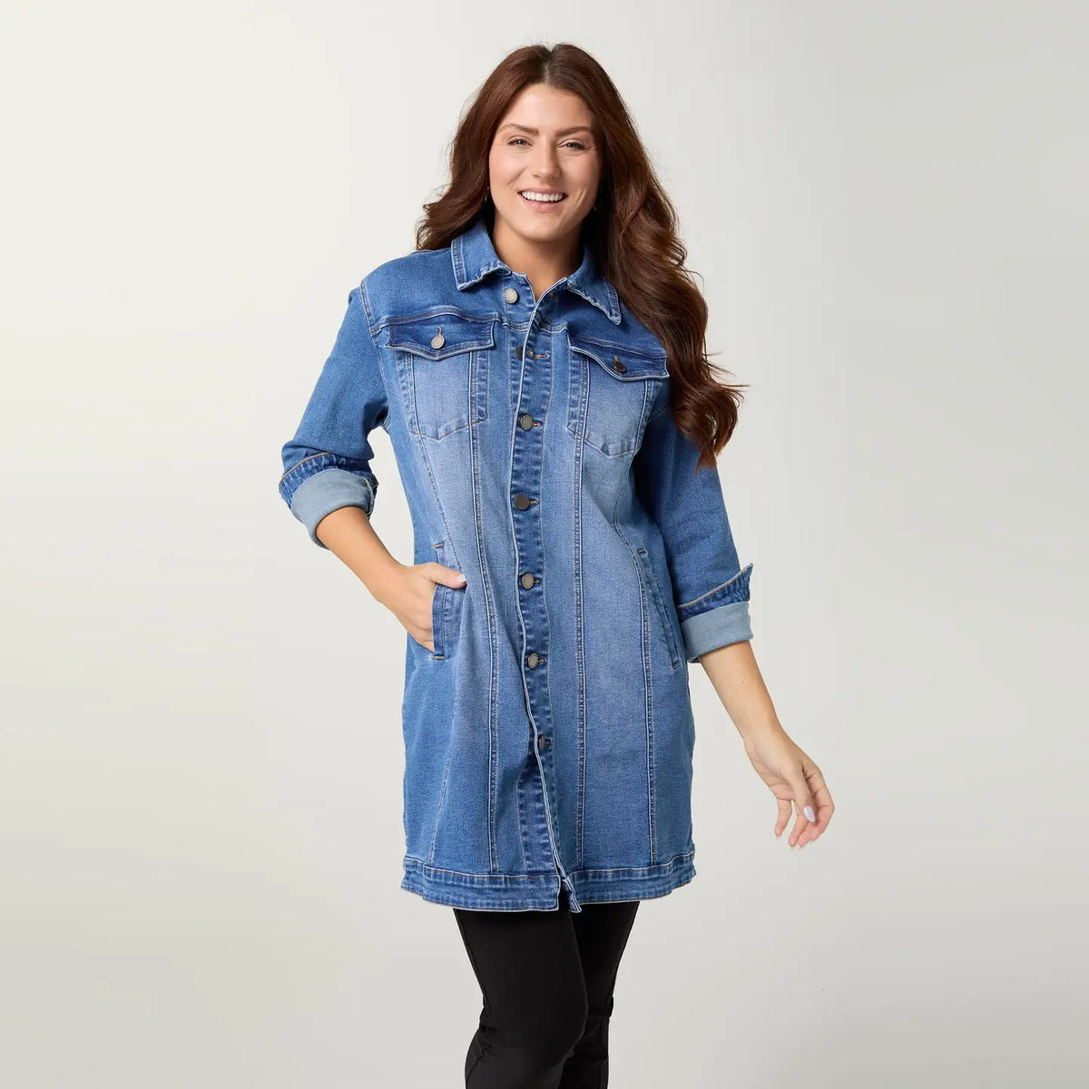 EverStretch Long Trucker Jacket - Medium Denim
