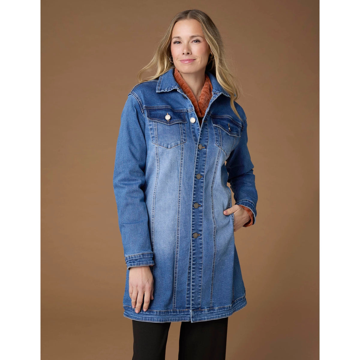 EverStretch Long Trucker Jacket - Medium Denim