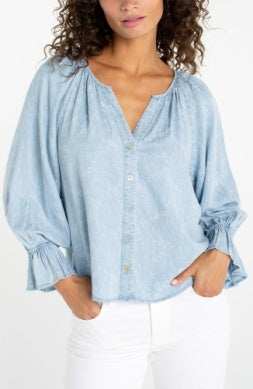 3/4 Slv Button Front Shirred Top
