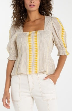 Half Slv Square Neck, Tie Back Woven Top