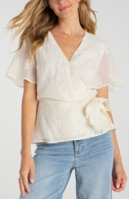 Short Sleeve wrap front woven top w/ tie