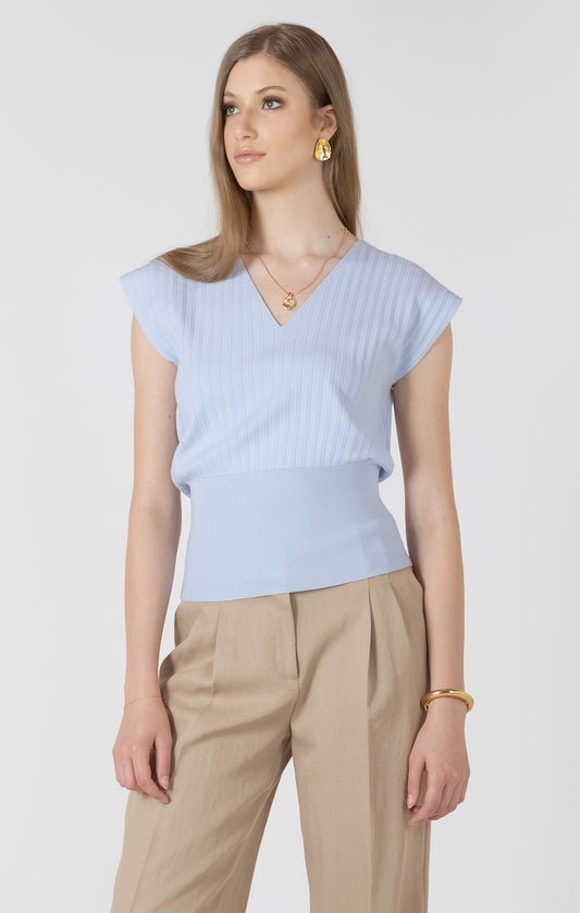 Ribbed V-neck Cap Sleeve Sweater