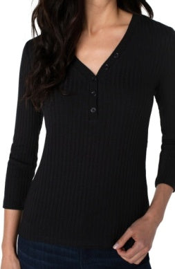 3/4 Sleeve Button Front Rib Knit Henley Top Black