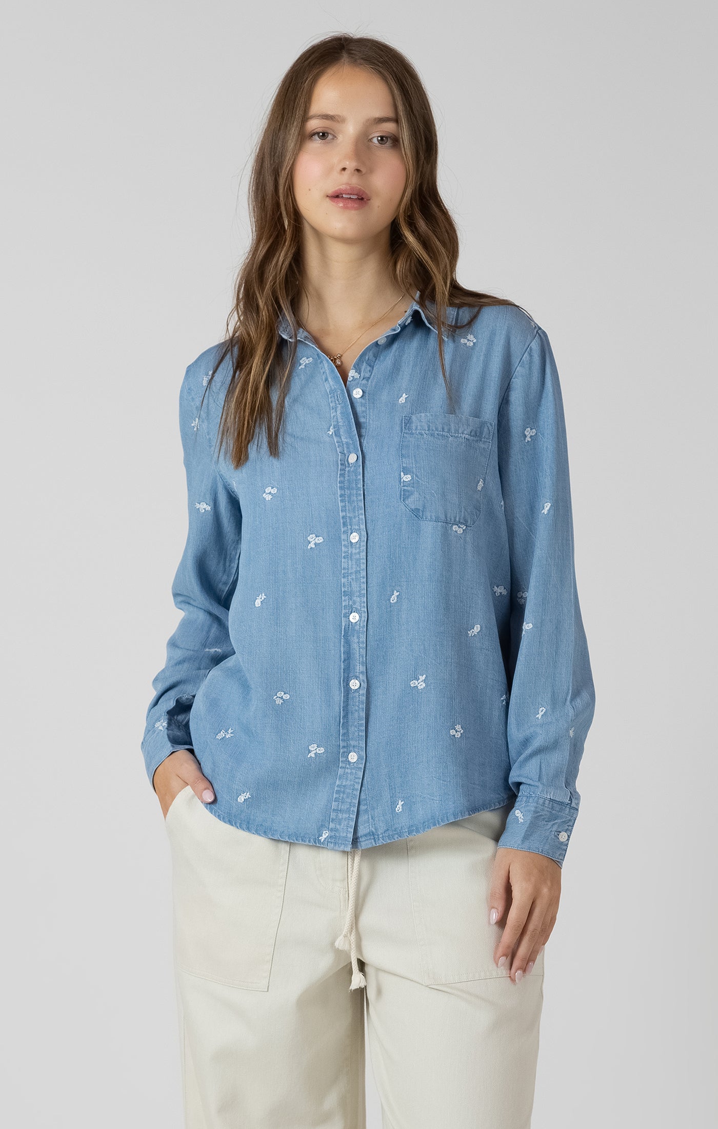 Embroidered Button Front  Chambray Shirt