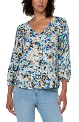 3/4 Sleeve Double Vneck Woven Top Brushstroke Starburst