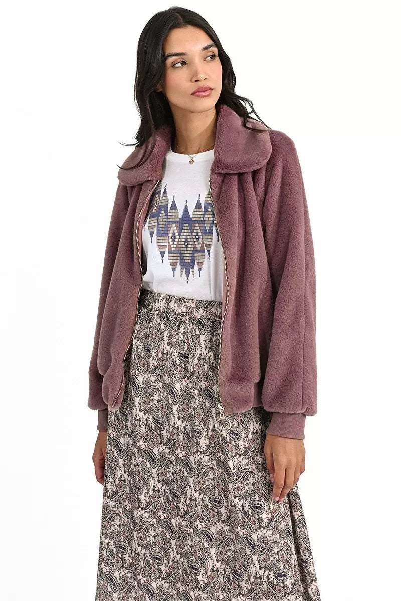 R1552BH Zipped Faux Fur Jacket Mauve