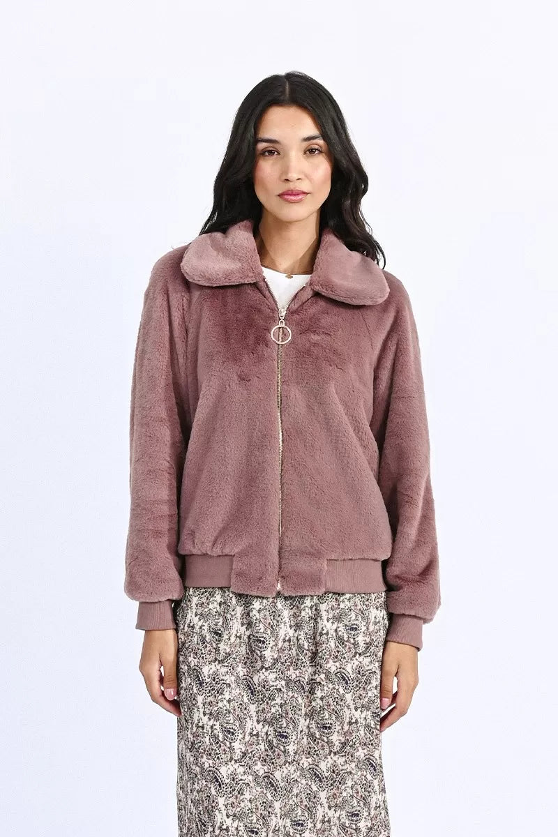 R1552BH Zipped Faux Fur Jacket Mauve