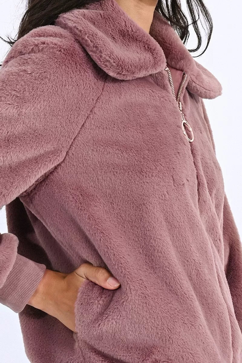 R1552BH Zipped Faux Fur Jacket Mauve