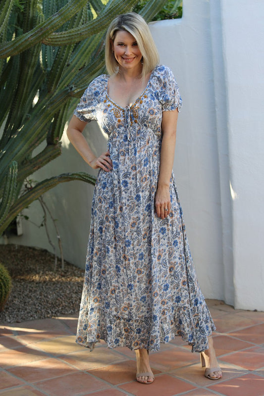 N1349 Embroidery Tie Front Maxi Dress