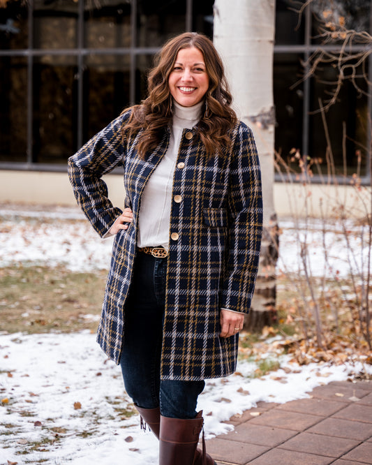 Woven Plaid Coat Dark Navy