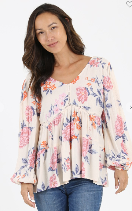 Poet Sleeve Top Ivory/Pink