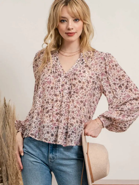 CR1892 Floral Split Neck Blouse Cream