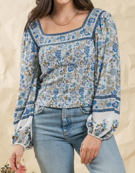 Border Print Woven Top Blue Multi