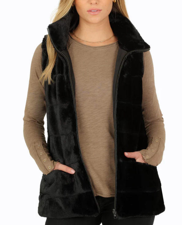 Long Faux Fur Reversible Vest Olive Blk