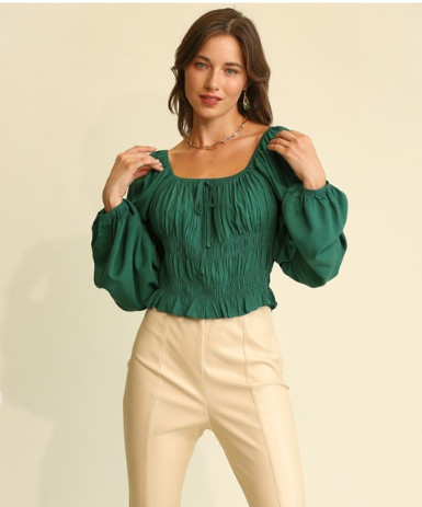 Ruching Detail and Bubble Sleeve Top Hunter Green