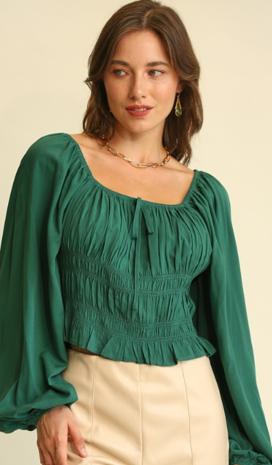 Ruching Detail and Bubble Sleeve Top Hunter Green